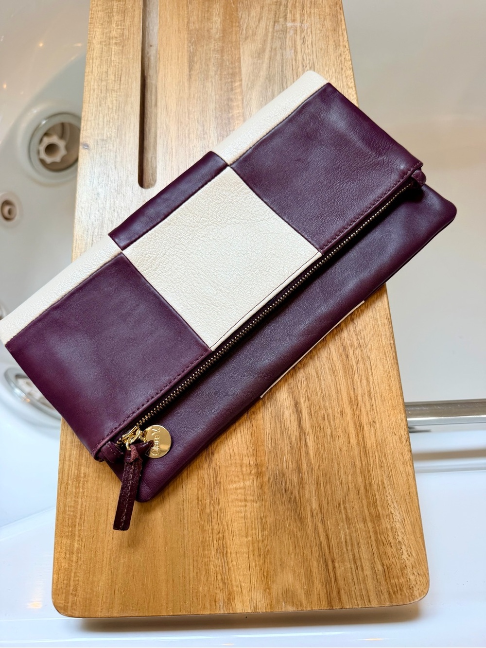 Clare V Foldover Clutch w/ Tabs - Plum & Cream Patchwork NWT $295